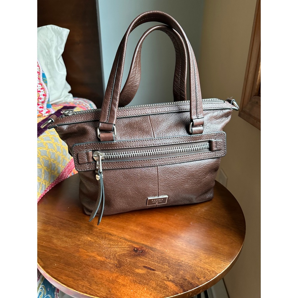 Fossil Dawson Brown Pebbled Leather Satchel Crossbody Bag - Picture 3 of 11